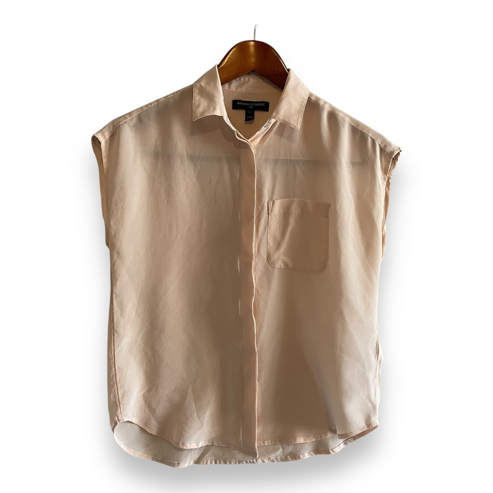 Banana Republic Silk Shirt Womens XXS Petite Blush Pink Cap Sleeve Button Down